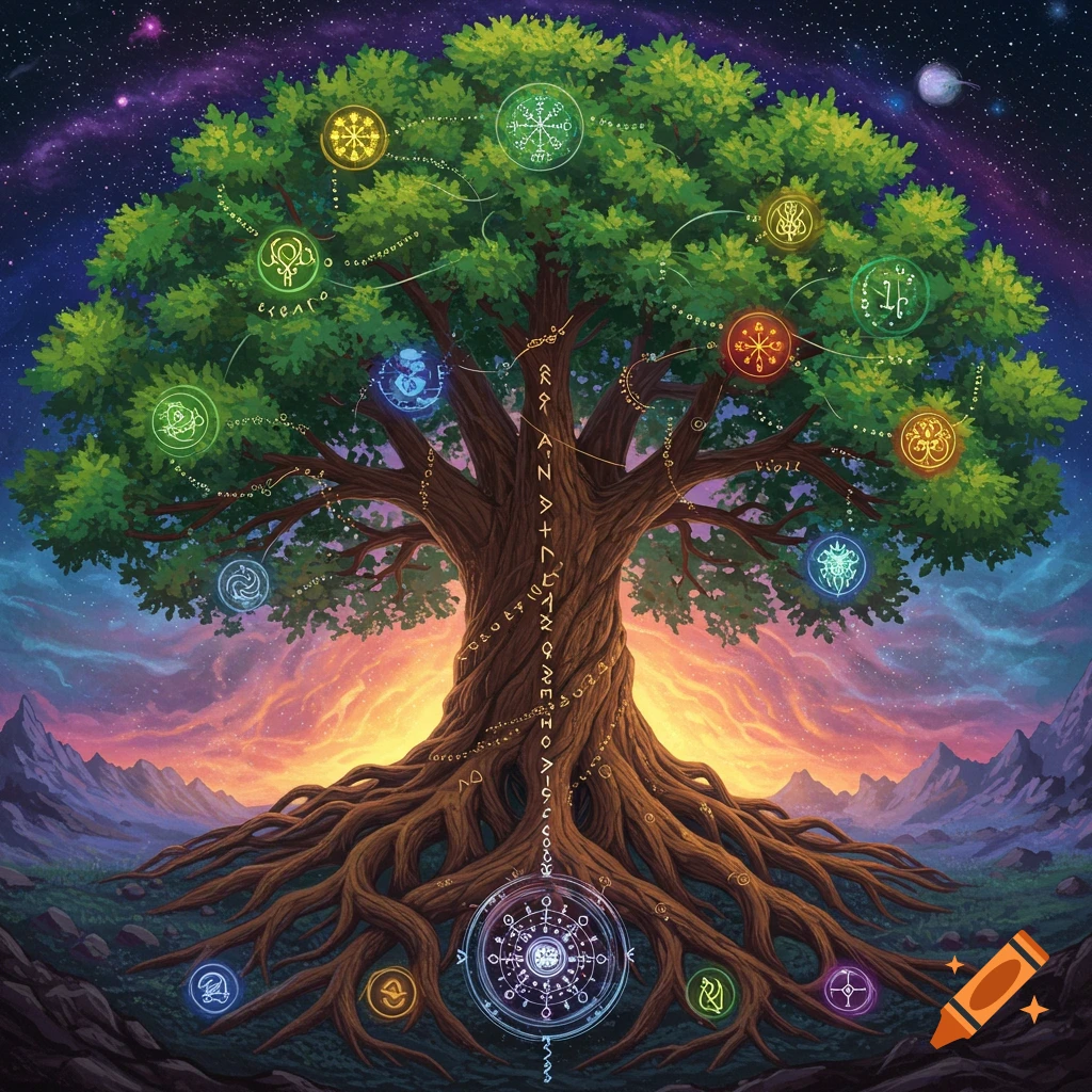 Fantasy illustration of a giant tree with extensive roots and glowing mystical symbols against a cosmic sky.