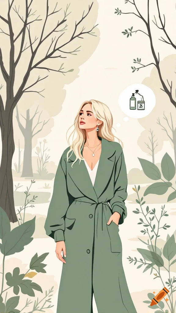 Minimalist illustration of a woman in a green coat walking through a park, thinking about cosmetic bottles.
