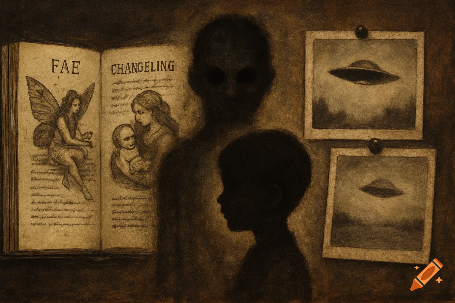 Dark collage showing a book on fae and changelings, a shadowy figure and child silhouette, and faded UFO photos.