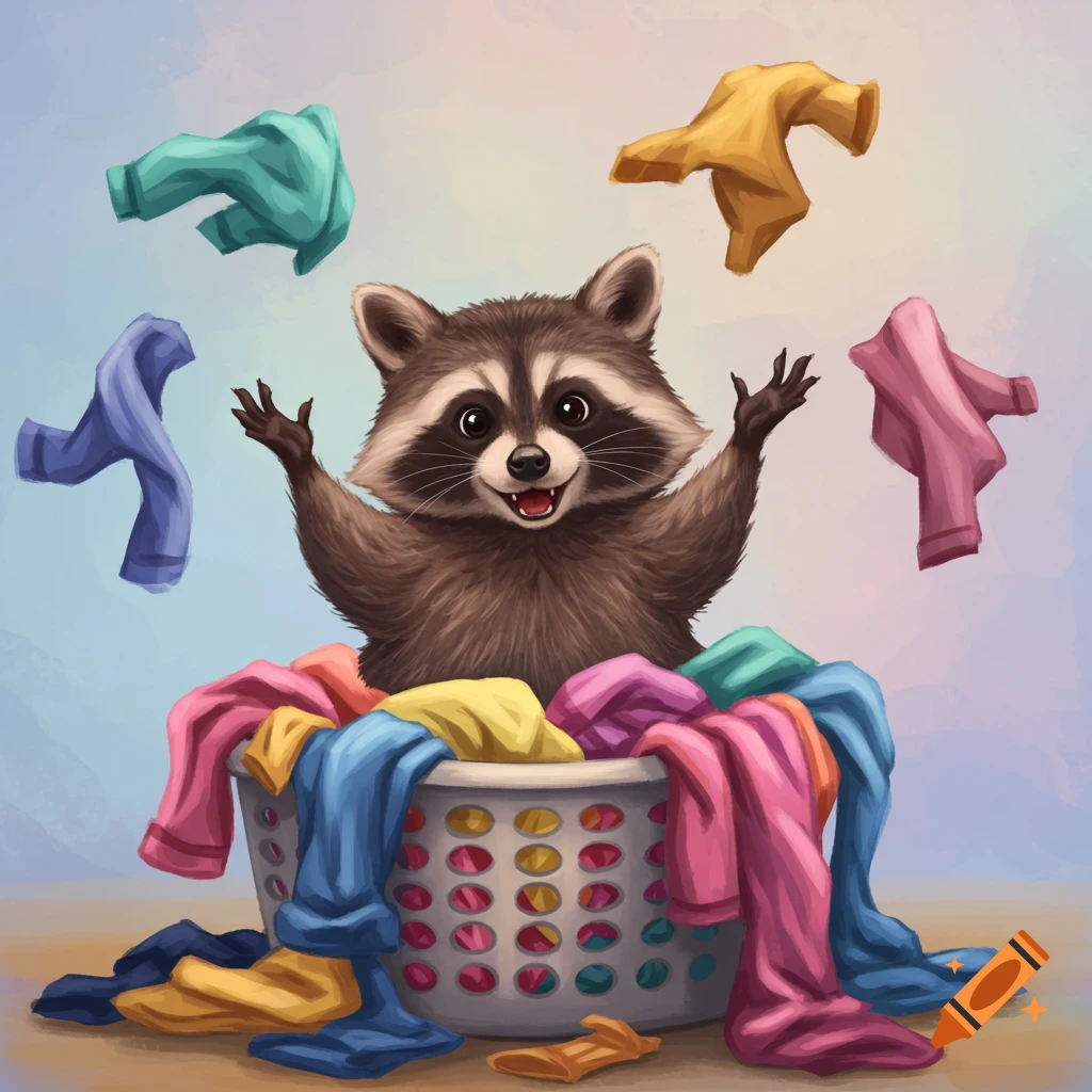Cartoon raccoon throwing clothes out of a laundry basket.