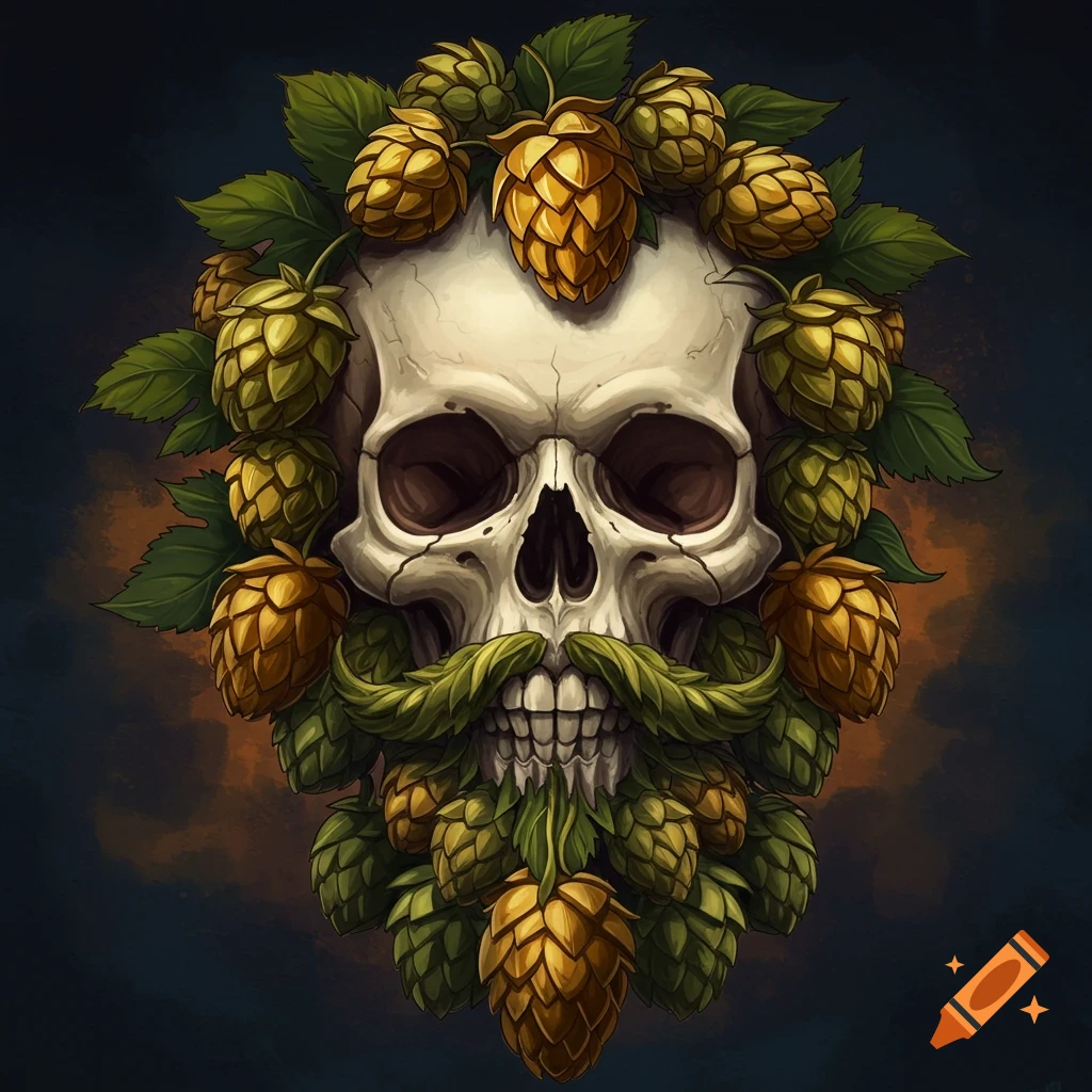 An illustration of a skull adorned with a 'hairstyle' and 'beard' made entirely of hops cones and leaves.