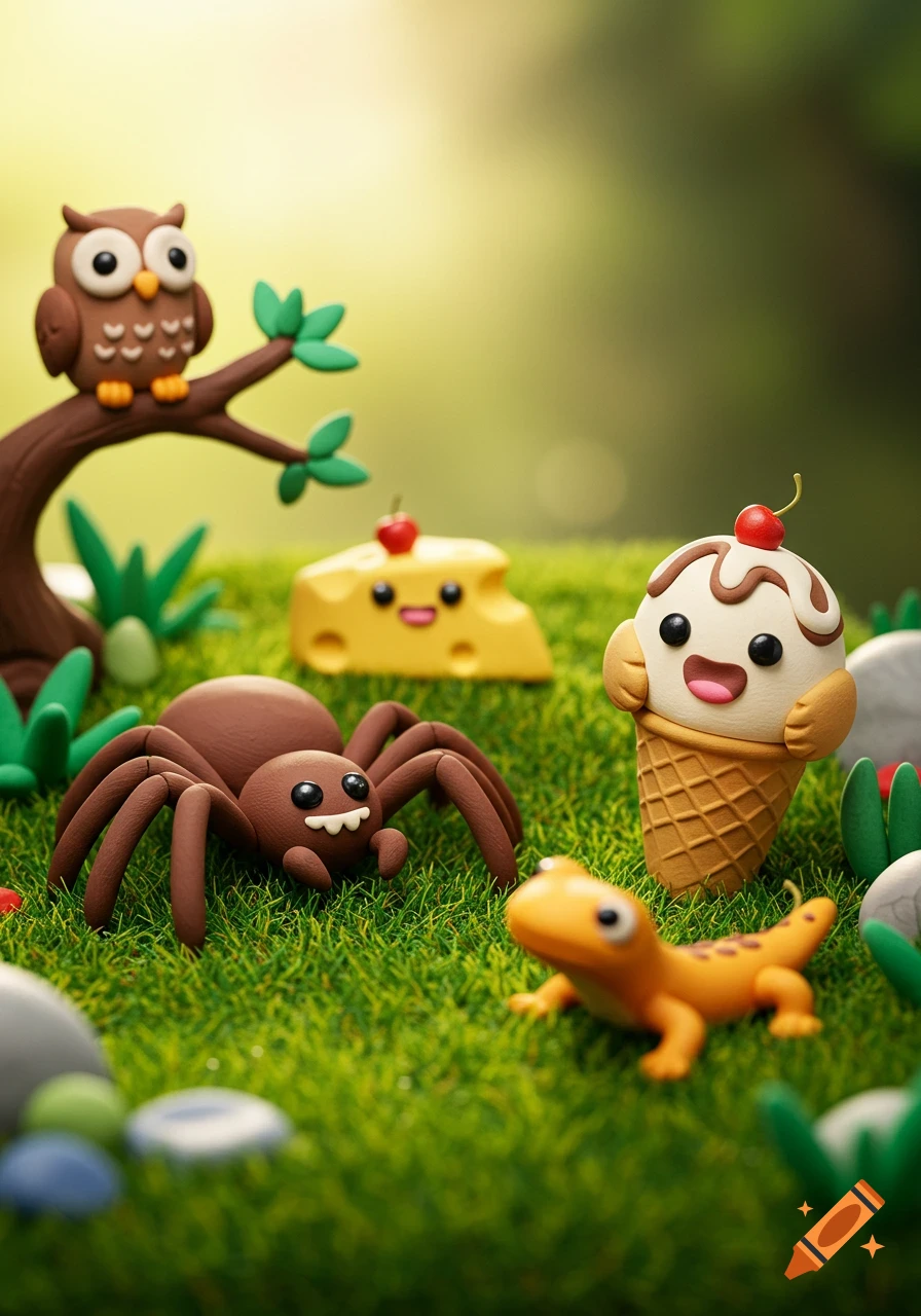 Clay figures of an owl, spider, cheese, ice cream cone, and lizard in a grassy diorama.
