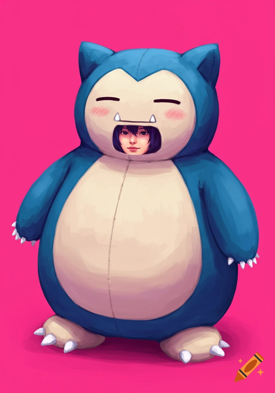 A person in a Snorlax costume illustrated against a pink background.