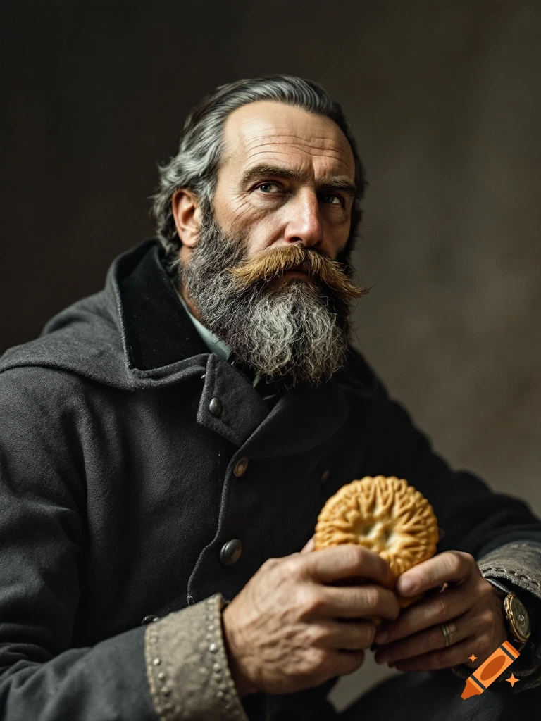 Photorealistic portrait of a bearded man, resembling Giuseppe Garibaldi, holding a biscuit.