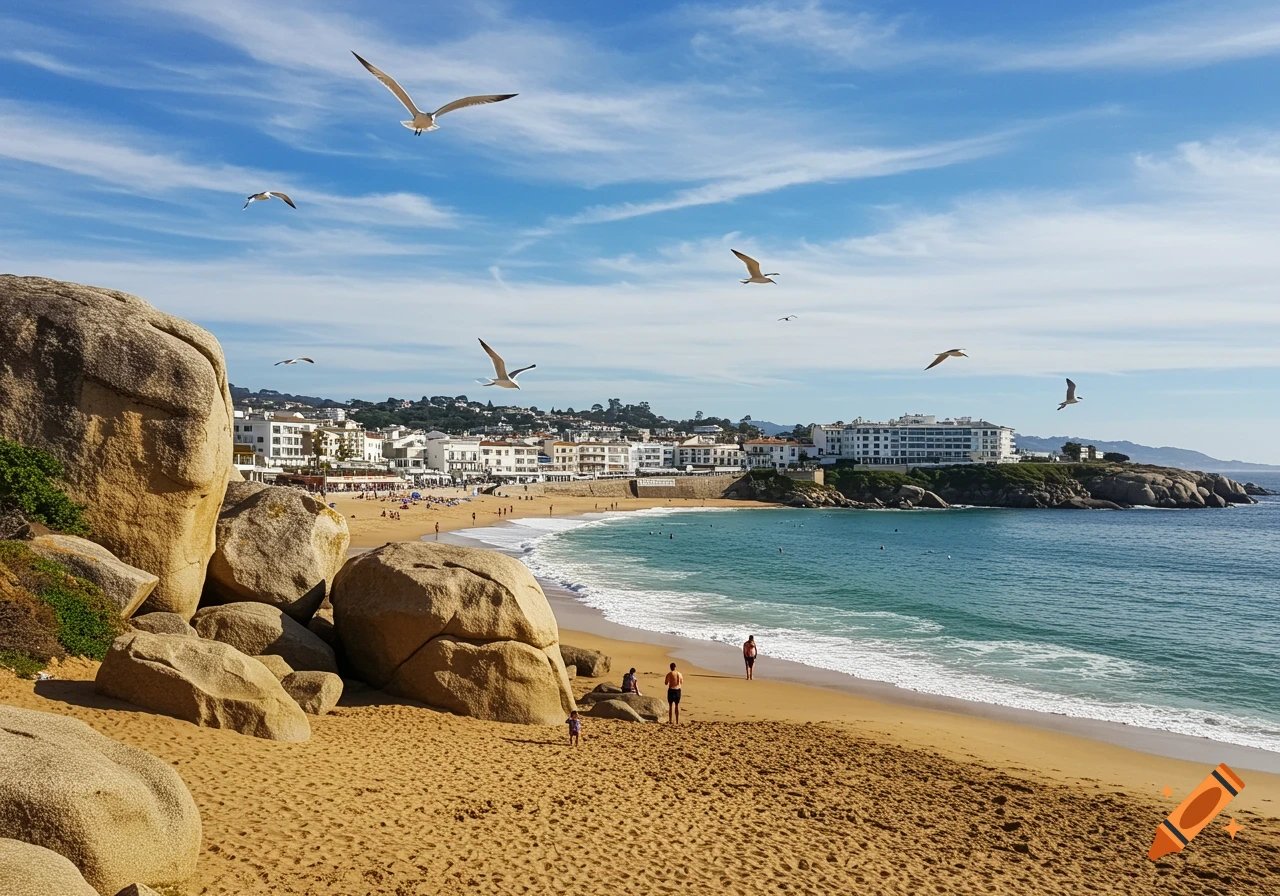 A sunny beach with large boulders on the left, a town in the background, people playing, and seagulls flying.