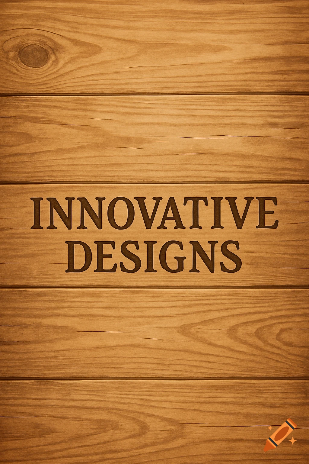 Close-up of wooden planks with the words INNOVATIVE DESIGNS carved into them.