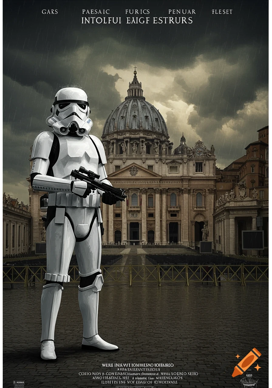 A Star Wars Stormtrooper stands guard in front of St. Peter's Basilica at the Vatican under a stormy sky, digital art style.