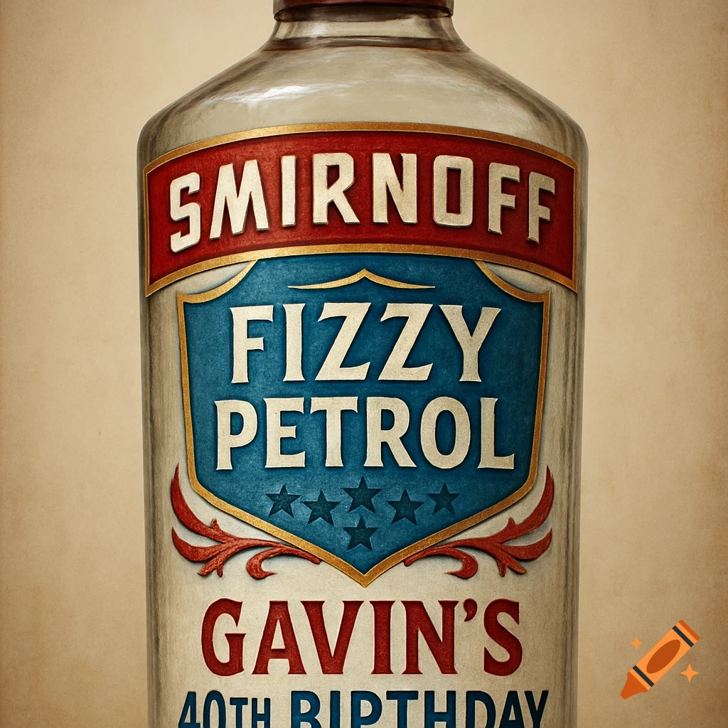 A custom Smirnoff vodka bottle label featuring 'Fizzy Petrol' and 'Gavin's 40th Birthday'.