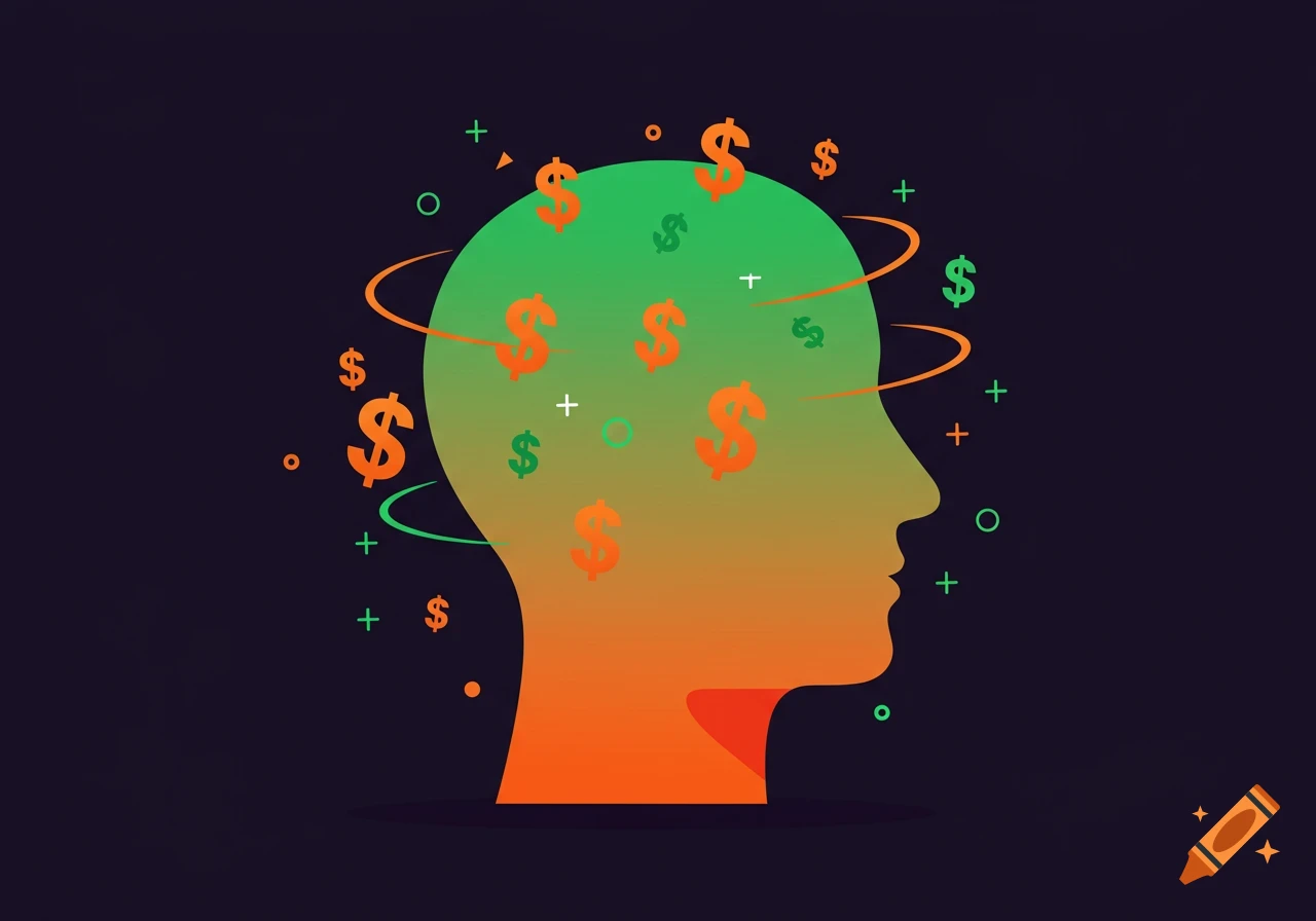 Illustration of a silhouette head filled with green and orange dollar symbols