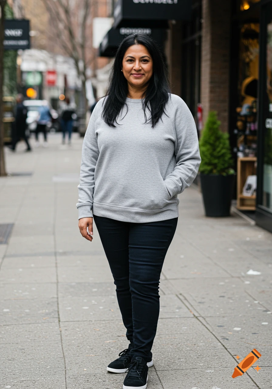 Woman in a grey sweatshirt and jeans standing on a city sidewalk