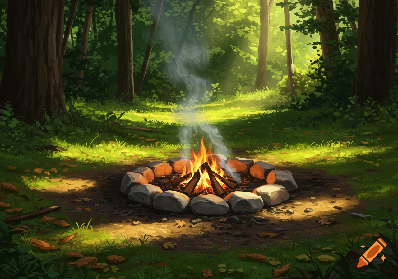 A campfire burning in a forest clearing during the daytime.