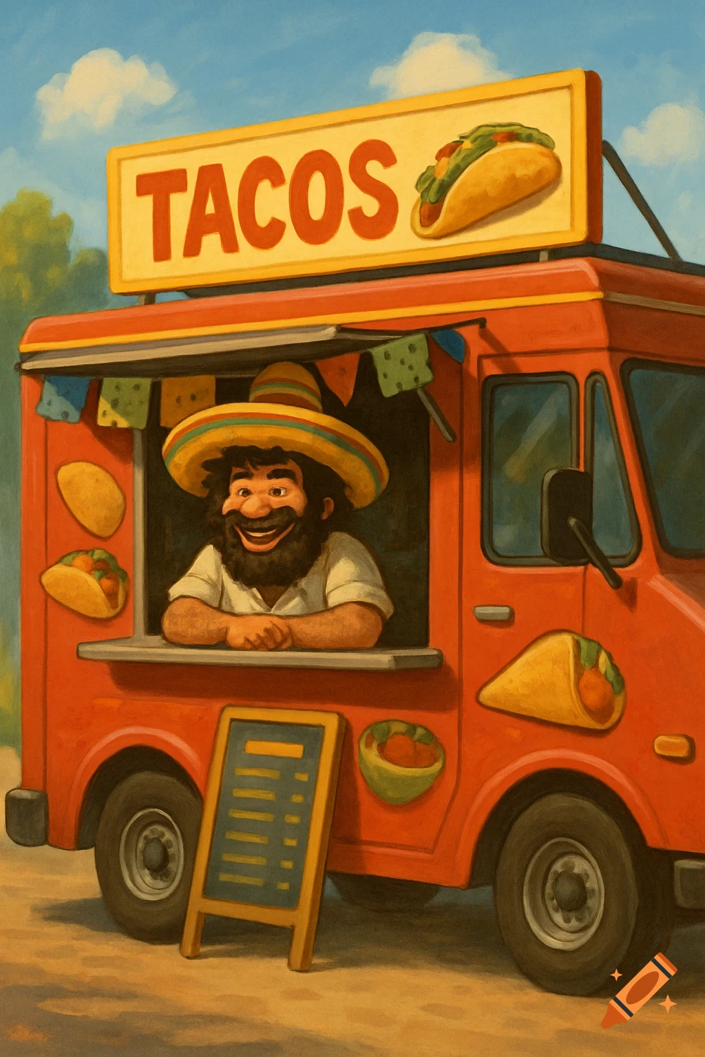 Illustration of a cheerful man in a sombrero selling tacos from a red food truck.