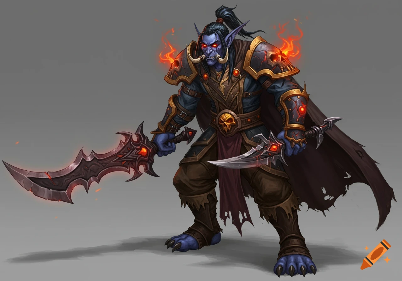 Fantasy troll character in dark armor holding two swords, digital art.