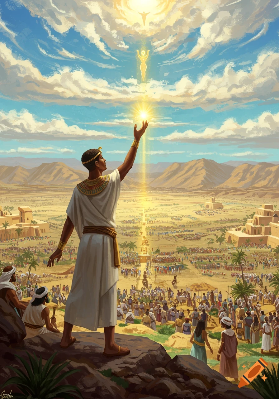 A figure in ancient robes raises a hand towards a bright light in the sky over a large crowd in a desert city.