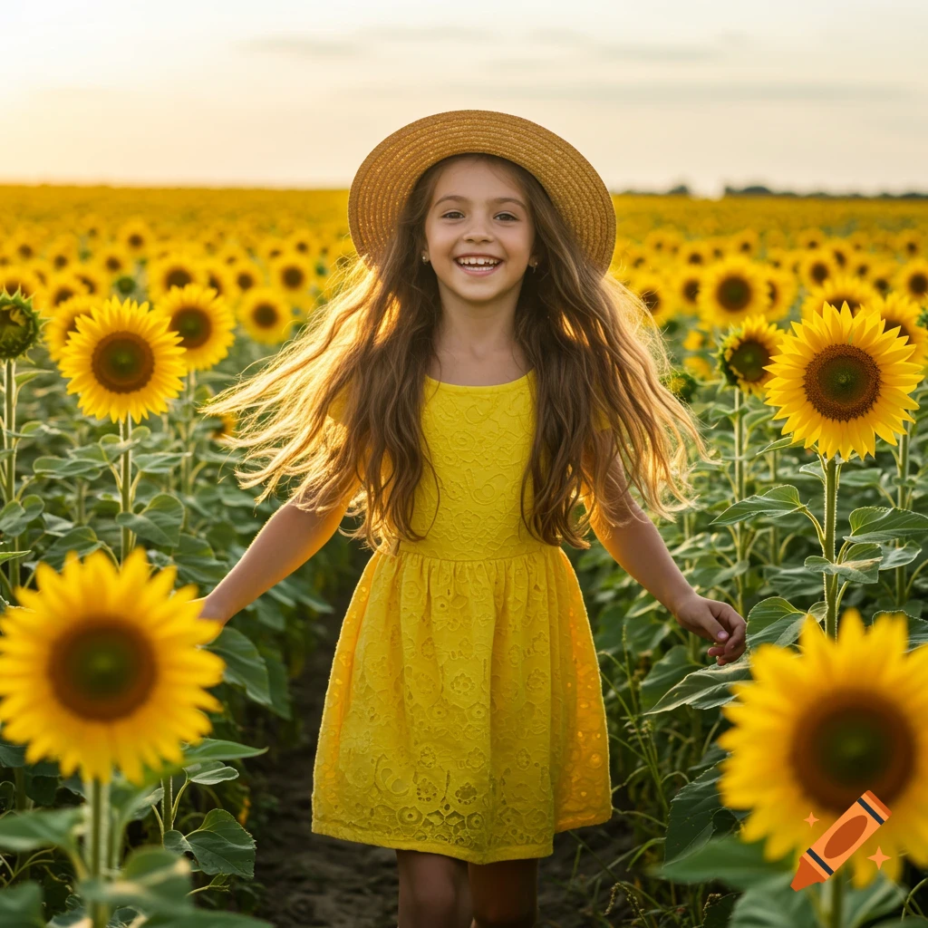 A young girl in a yellow dress and straw hat smiles in a sunlit field of sunflowers.