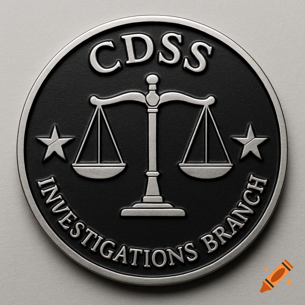 A silver and black law enforcement challenge coin featuring the scales of justice, stars, and the text "CDSS" and "INVESTIGATIONS BRANCH".