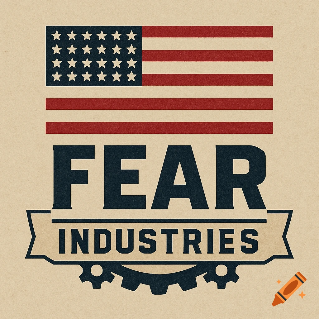 Vintage American flag logo with 'FEAR INDUSTRIES' text and a gear.