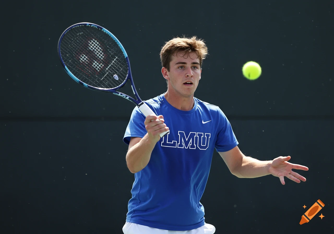 A man in a blue LMU shirt plays tennis, preparing to swing a racket at a ball.