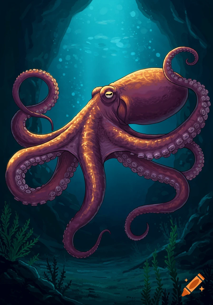 Illustration of a purple octopus underwater