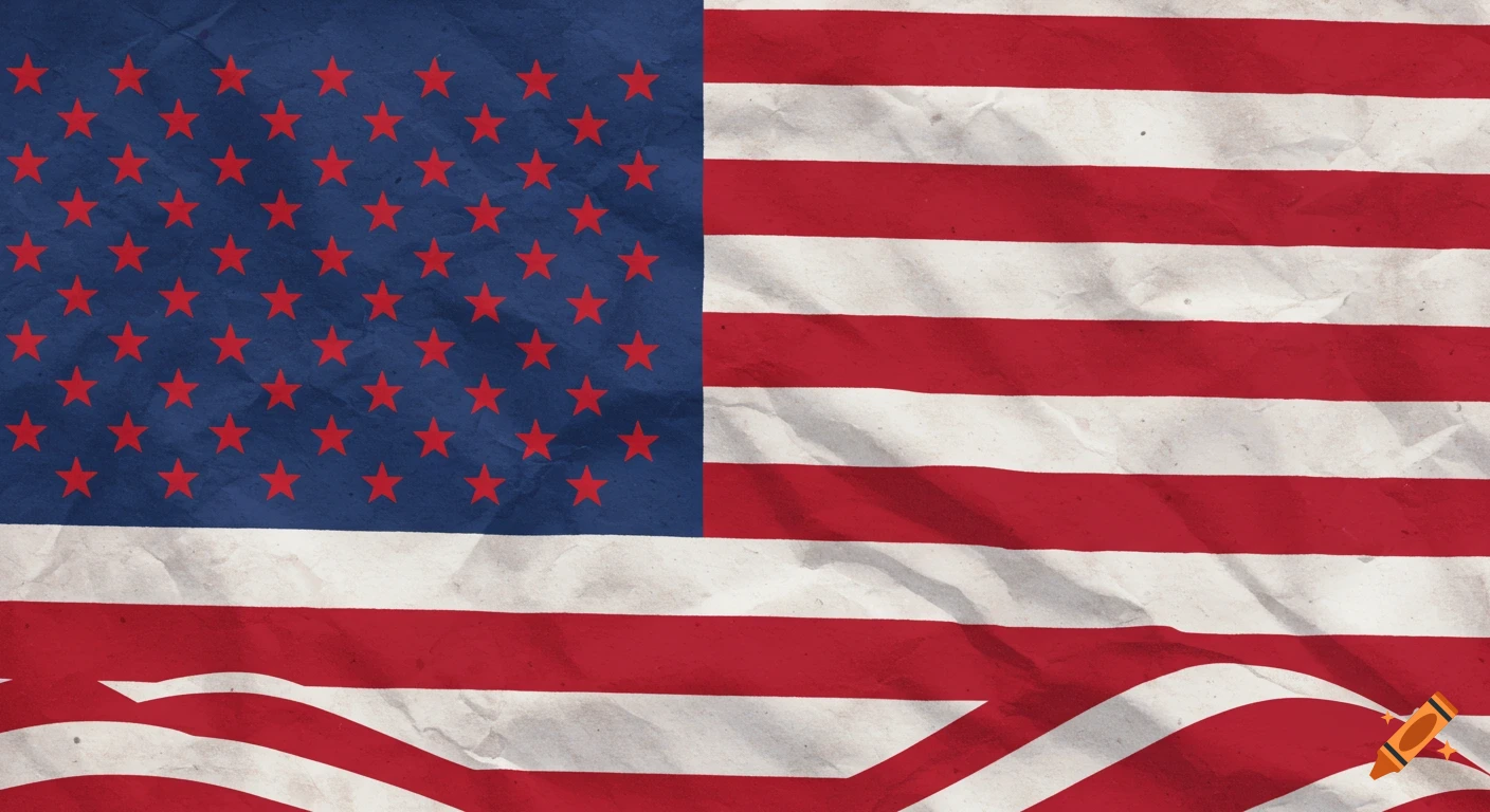 A wrinkled American flag with red stars.