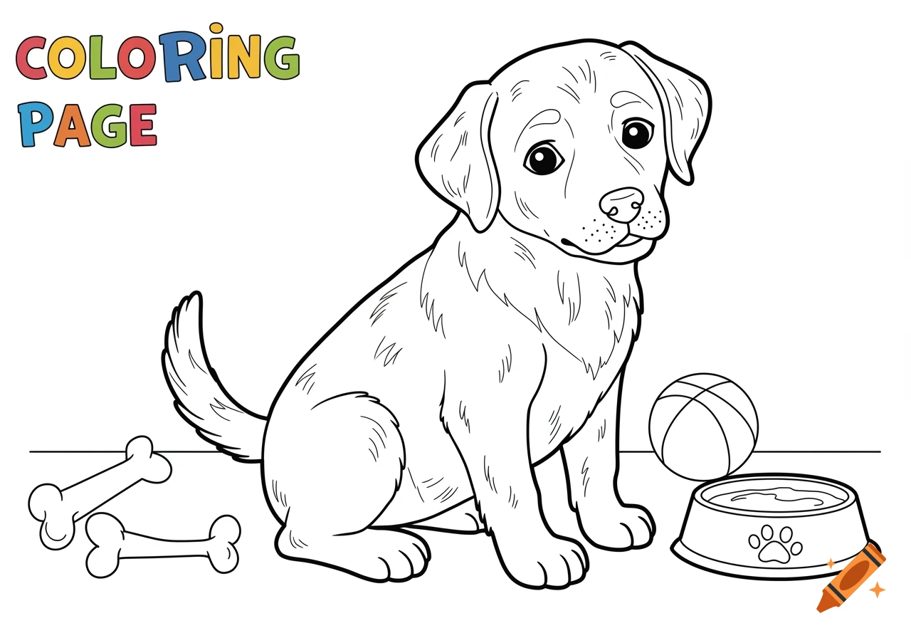 Line drawing of a puppy with bones, a ball, and a bowl, labeled 'COLORING PAGE'.