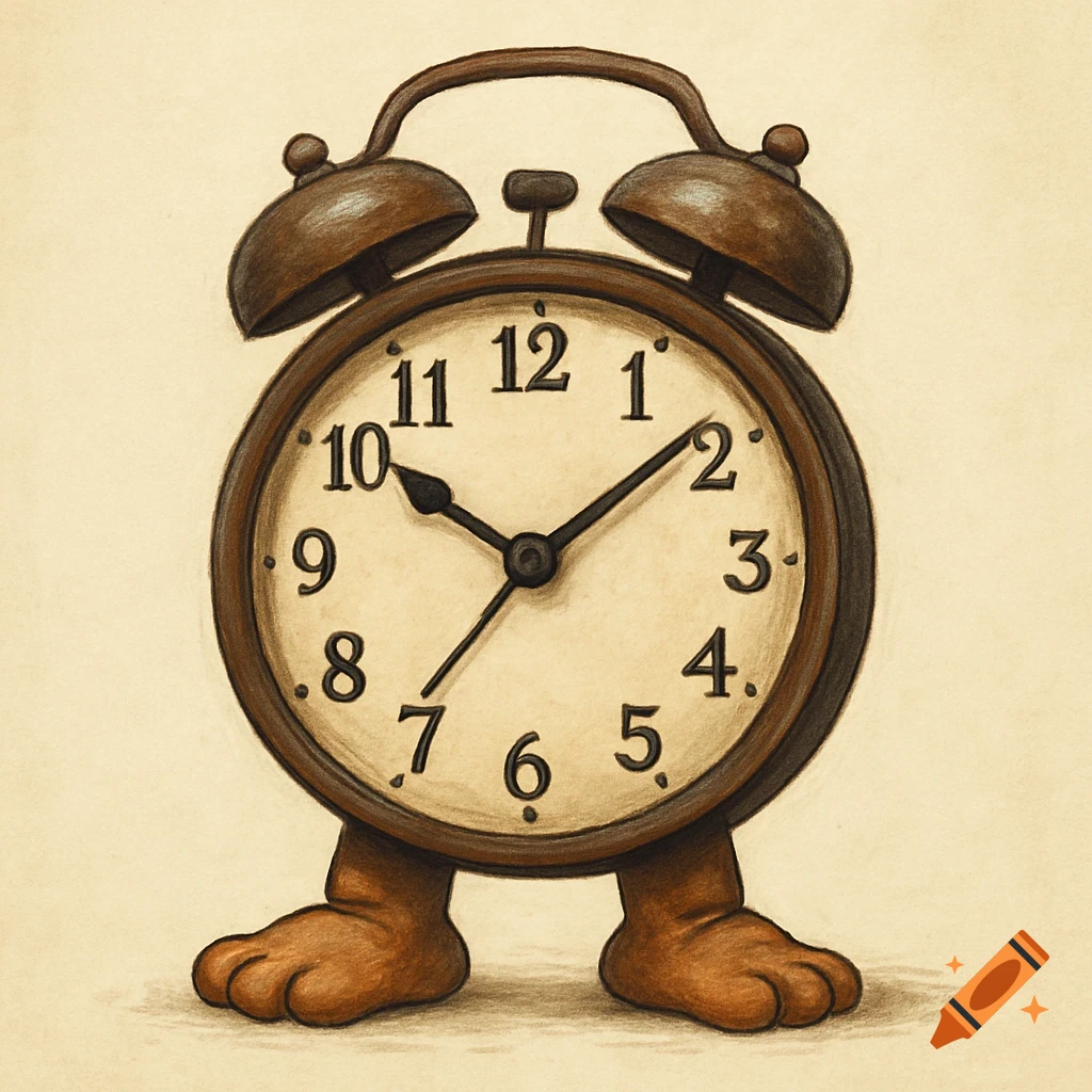 A cartoon drawing of an antique alarm clock with human-like feet.