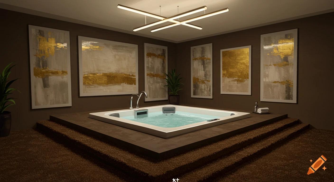 Luxury indoor hot tub on a raised carpeted platform in a room with abstract paintings