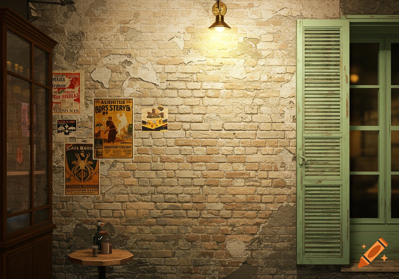 A vintage brick wall with peeling plaster, old posters, a wooden cabinet, a small table, and an open green shutter.