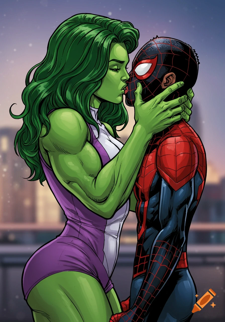 She-Hulk kisses Miles Morales in a comic style.