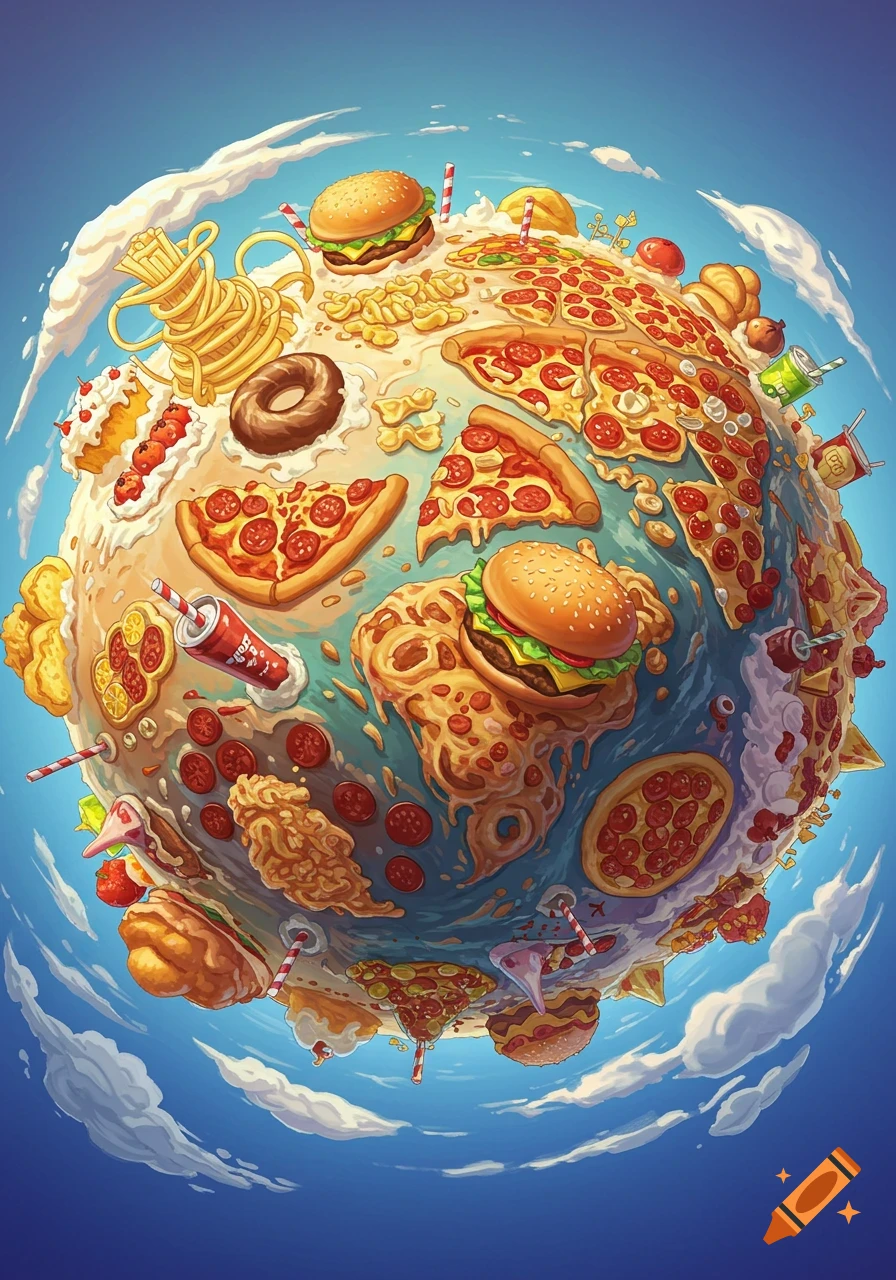 A cartoon illustration of a planet covered in various junk food items like pizza slices, burgers, fries, and donuts, floating in a blue sky with clouds.