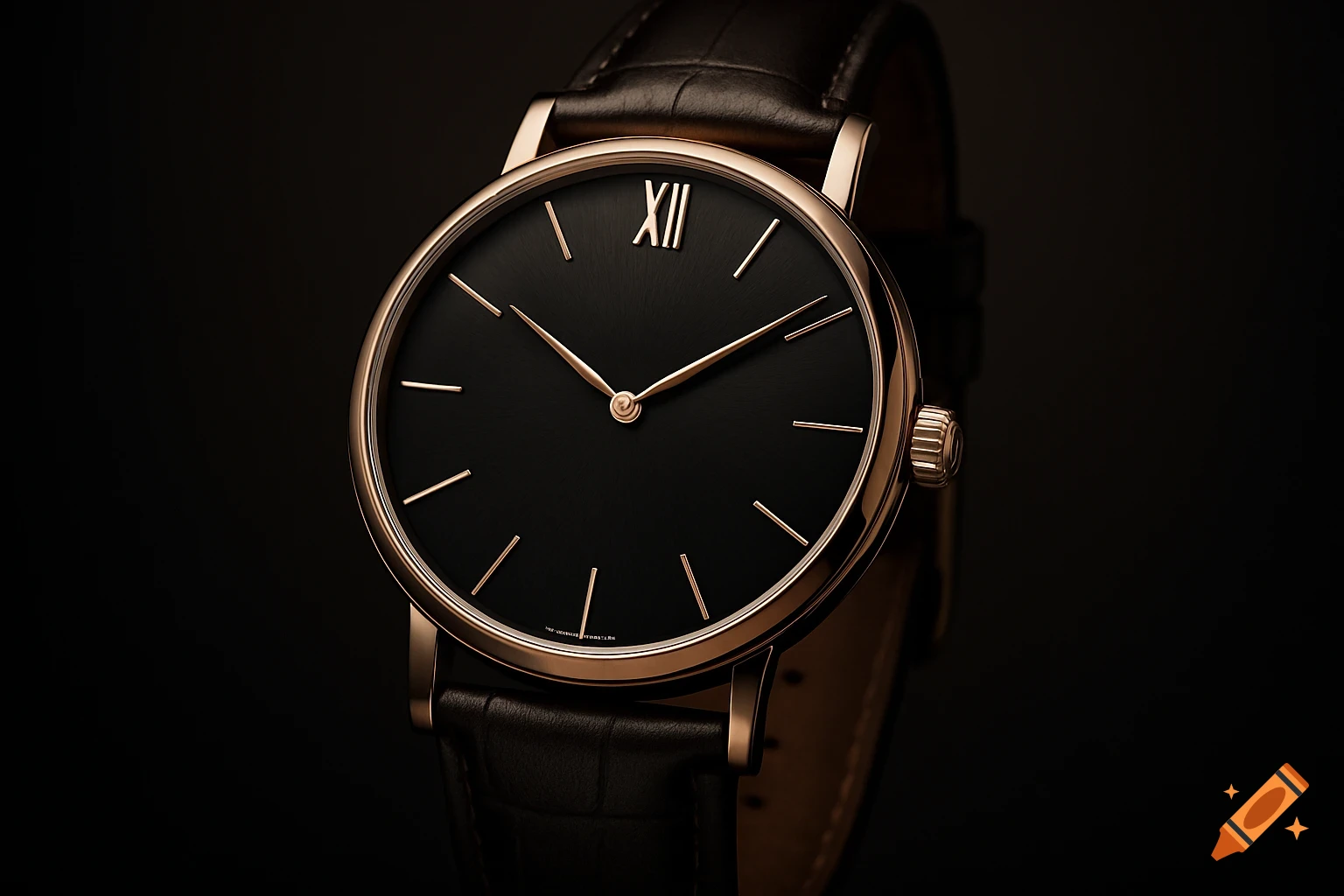 Close-up of a luxury minimalist watch with a black dial, rose gold case, and brown leather strap on a dark background.