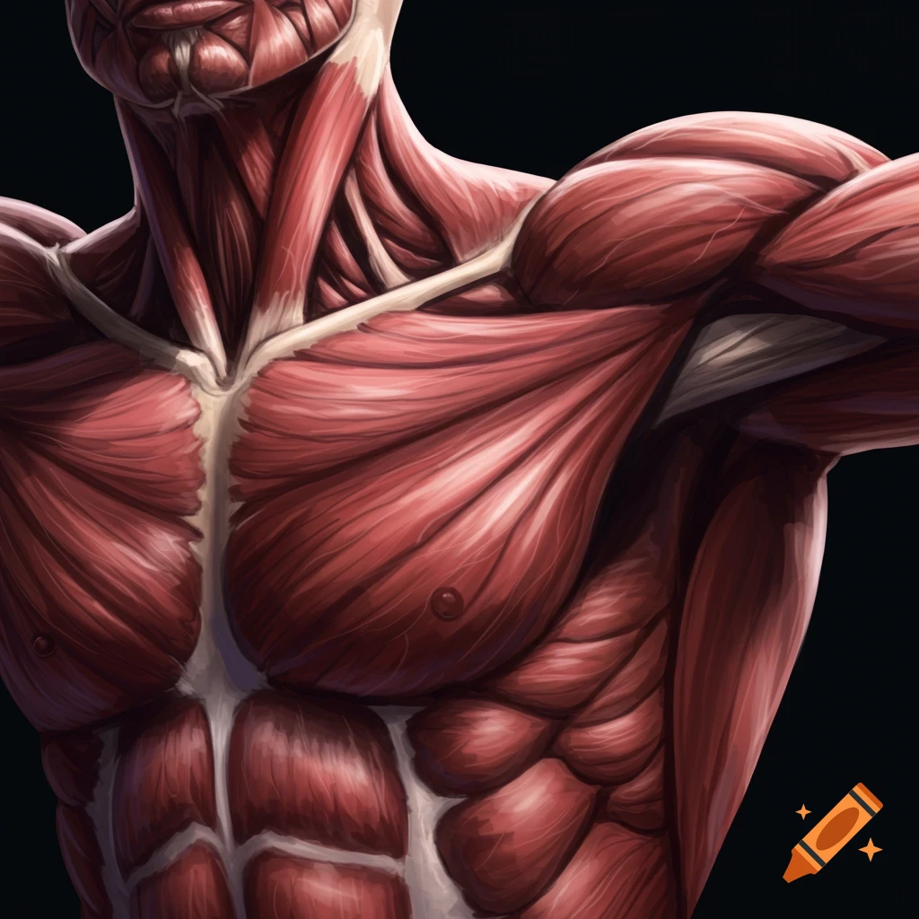 Close-up illustration of human upper body muscles