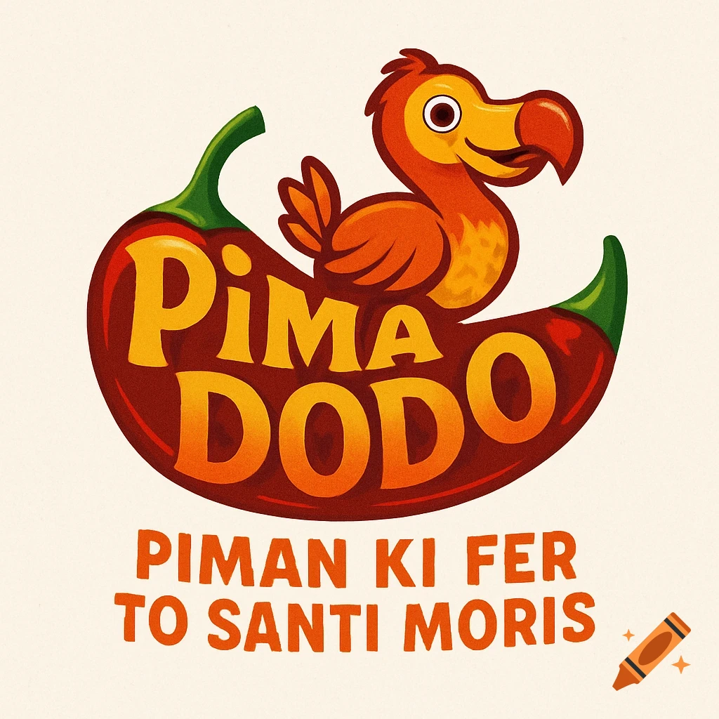 Logo for Pima Dodo chili chutney with dodo bird on red chili and text.
