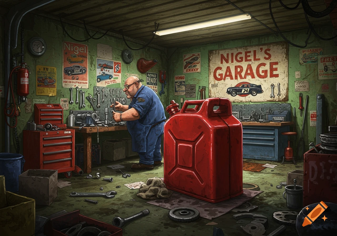 A man works at a workbench in a messy garage with tools and a large red gas can in the foreground.