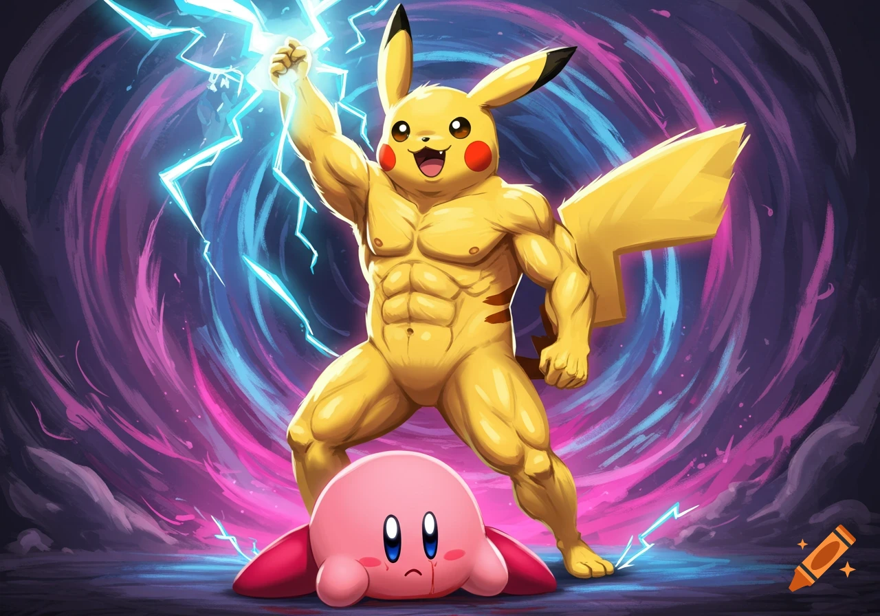 Muscular, humanoid Pikachu holds lightning over a defeated Kirby in an illustration.