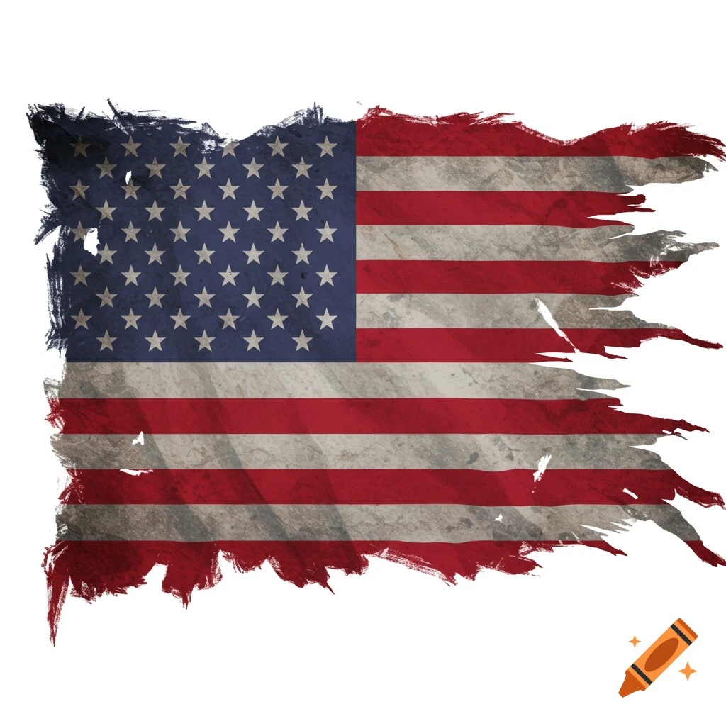 Distressed American flag with tattered edges on a white background