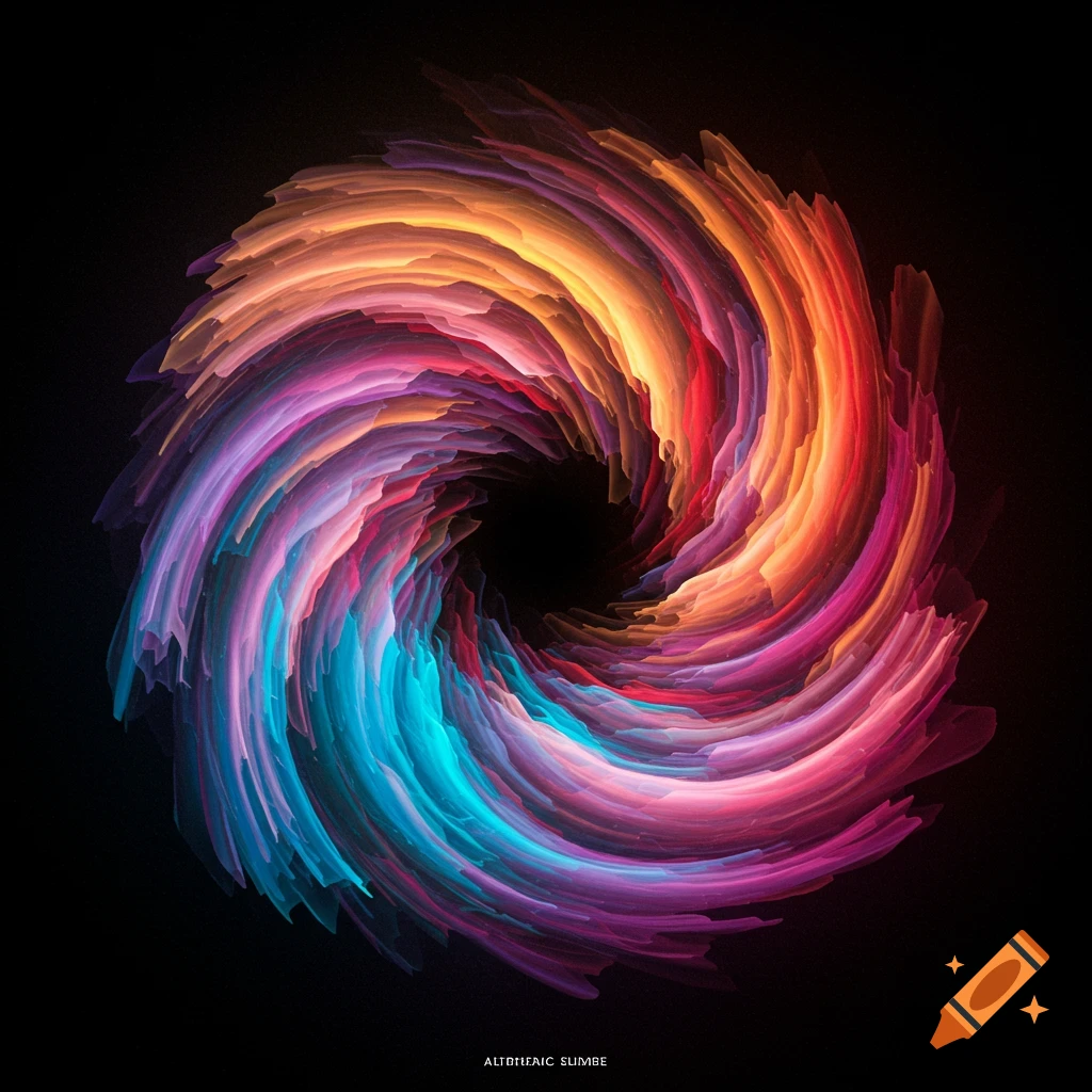 Abstract colorful swirl vortex against a dark background.