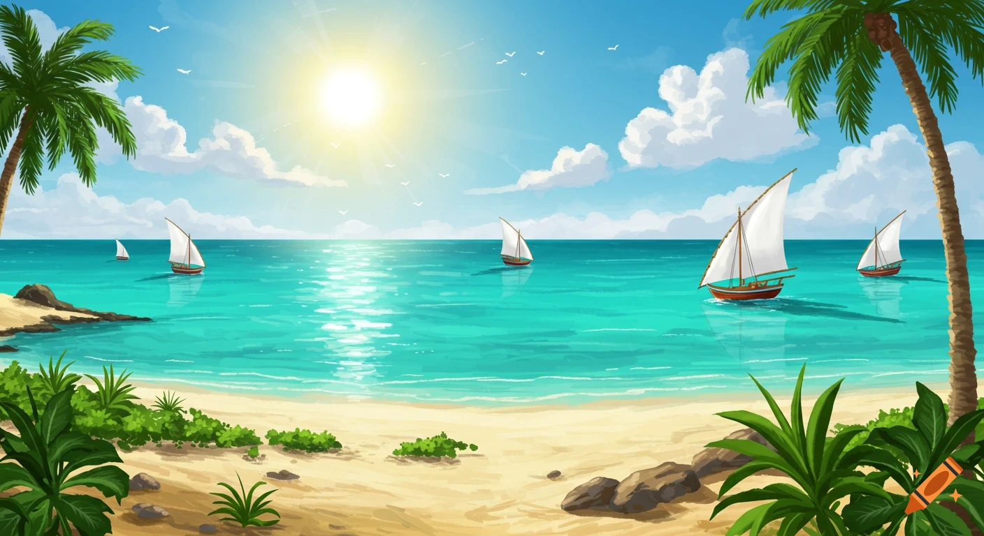 Illustration of a tropical beach with palm trees, sailboats on a bright blue ocean, and a sunny sky.