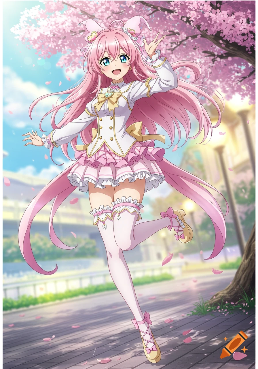 An anime girl jumps in a park with cherry blossoms.