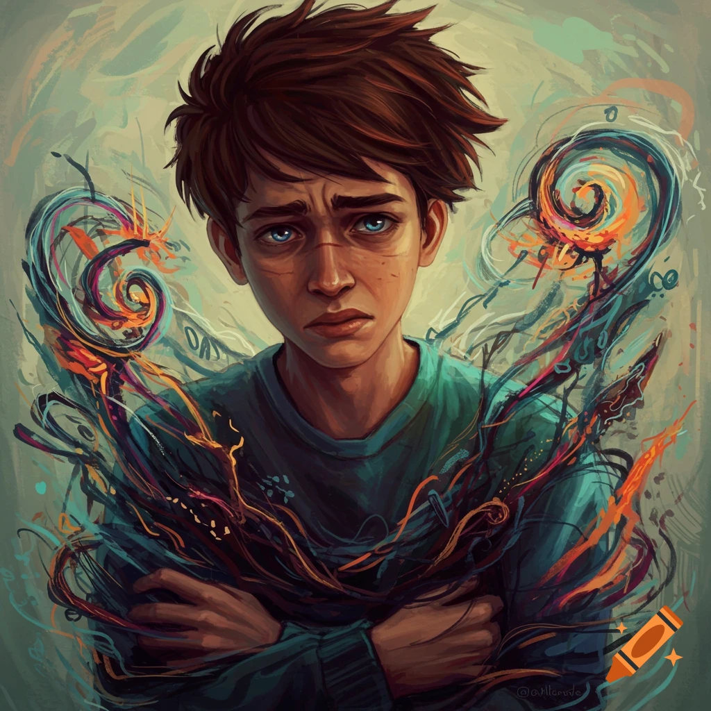 Illustration of a young person with anxious expression and swirling ...