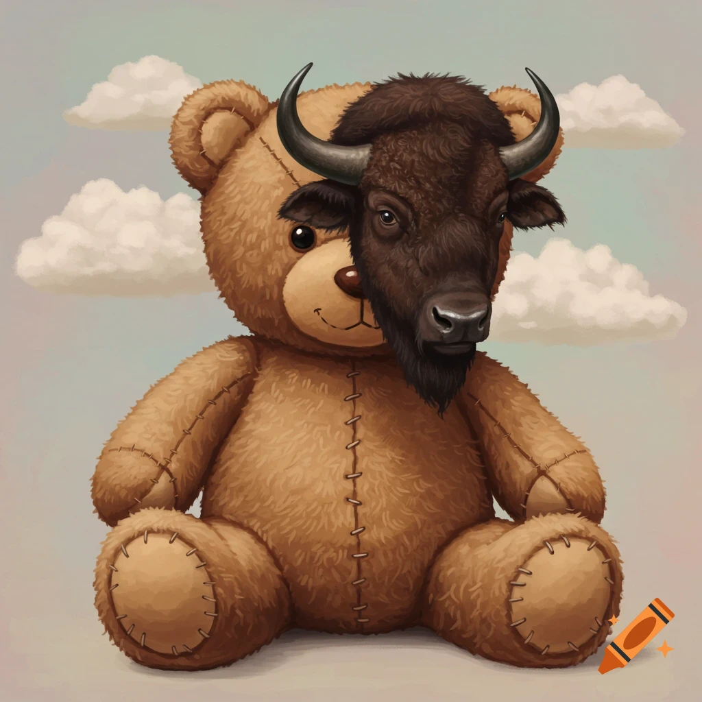 Illustration of a teddy bear with a buffalo head