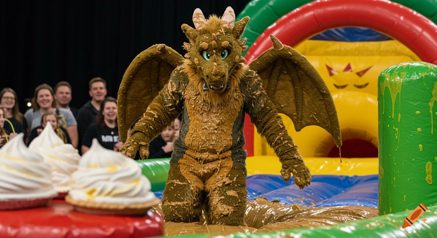 A fursuited dragon covered in brown mud and green slime stands in an inflatable pit during a game show with an audience.