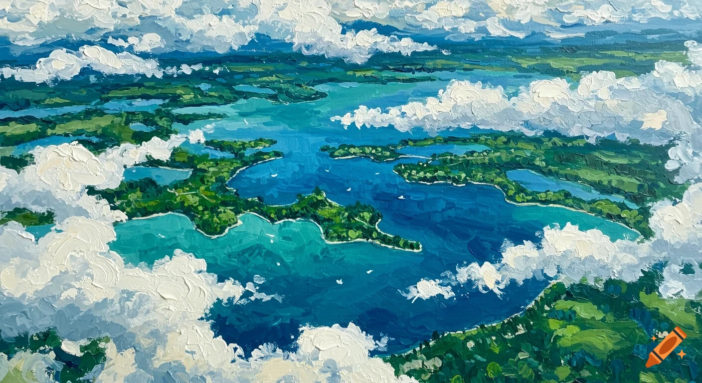 Abstract aerial painting of lakes and islands seen through clouds.