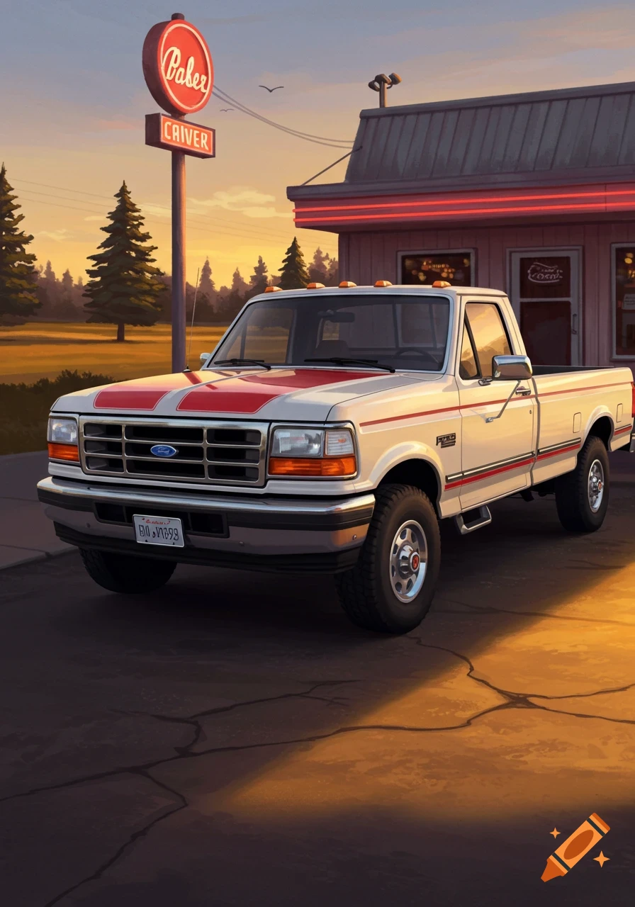 White and red striped Ford F350 truck parked in front of a building at sunset.