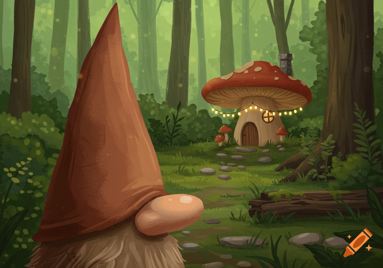 Illustrative fantasy scene of a gnome looking at a mushroom house with fairy lights in a forest.