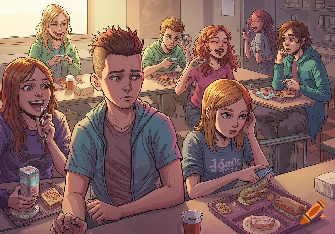 Illustration of teenagers experiencing social pressure in a school cafeteria.