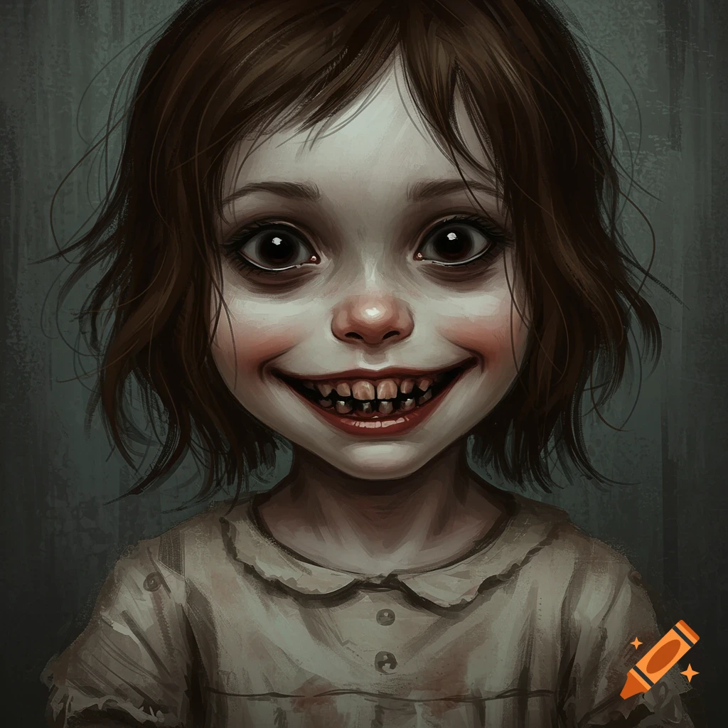 Creepy portrait of a young girl with wide eyes and rotten teeth.