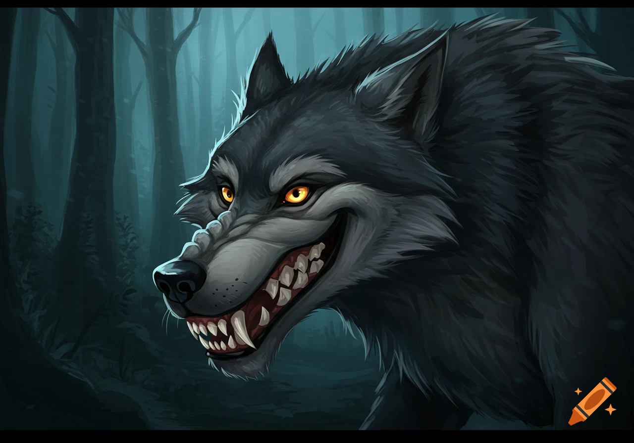Stylized grey wolf with glowing orange eyes grinning in a dark forest.