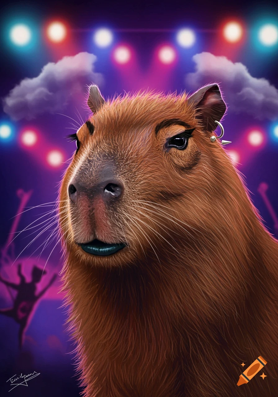 A capybara wearing heavy metal stage makeup and piercings, in front of concert lights.