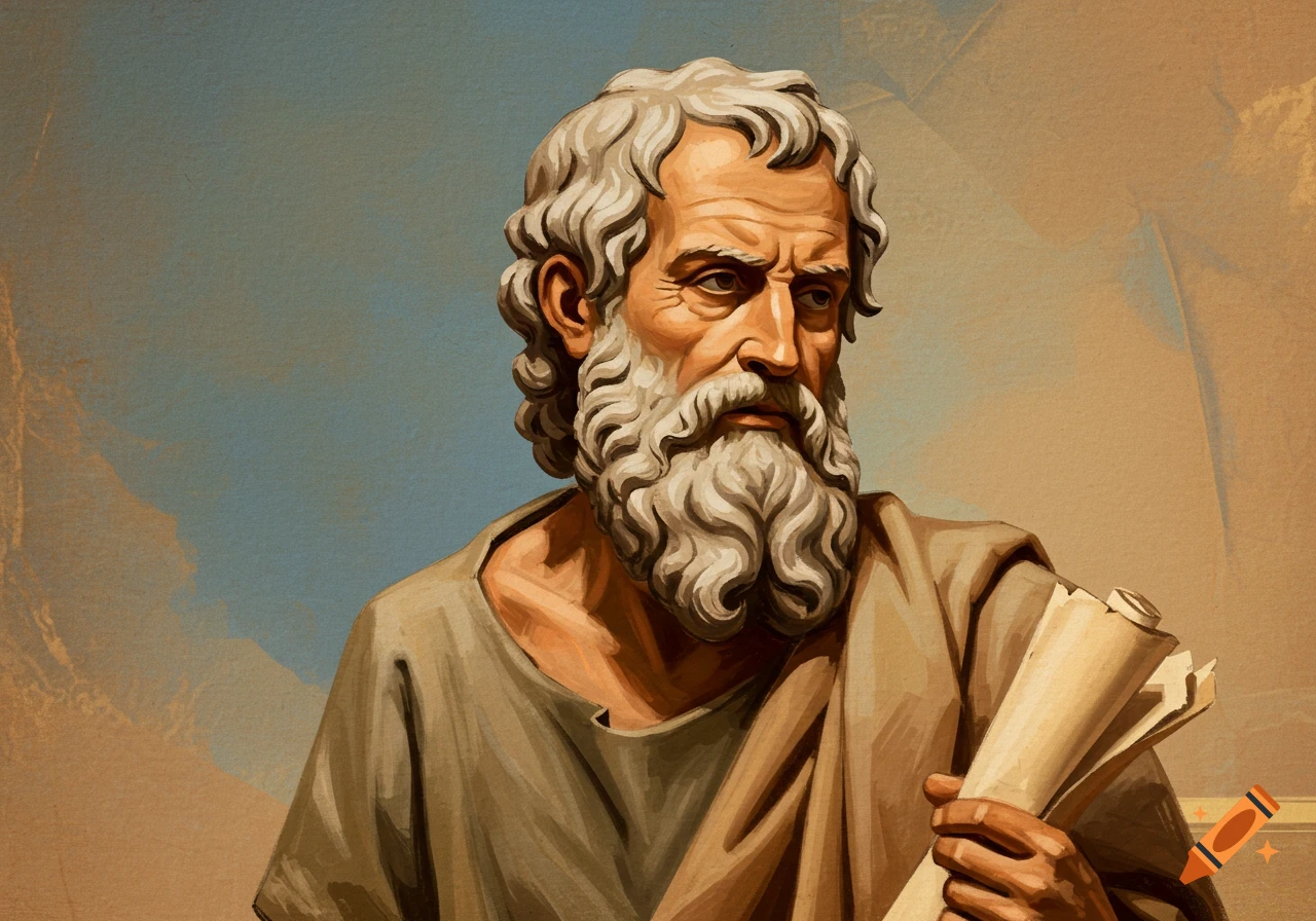 Portrait of an old man with a grey beard holding scrolls, in a painterly style.